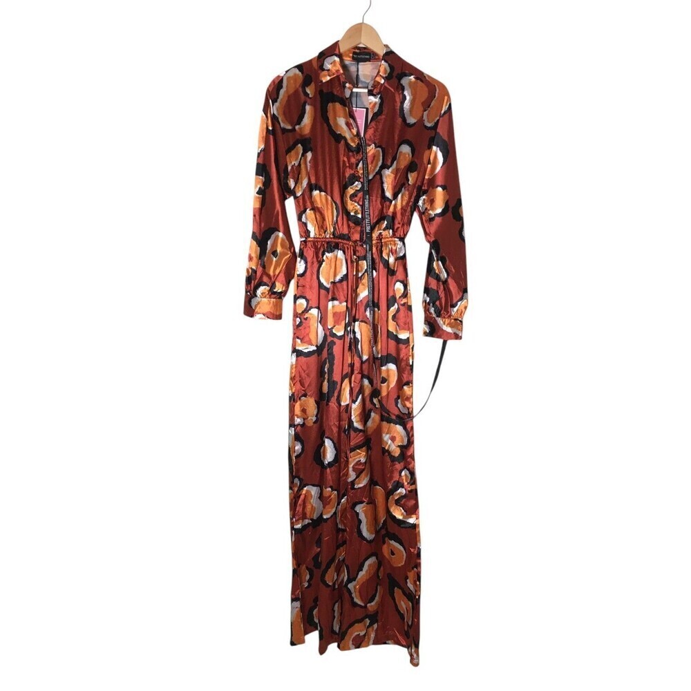 Pretty Little Thing Jumpsuit Women's Size 2 Red Orange Floral Satin Tie Waist
